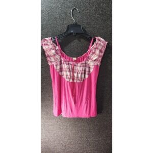 Janette Plus Pink Plaid Ruffle Short Sleeve Blouse Top Womens 1XL